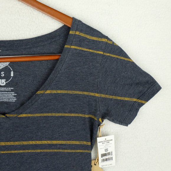 Mtn Dew Womens Shirt Top Small Gray Yellow Stripes V Neck Recycled Stretch - Picture 3 of 11